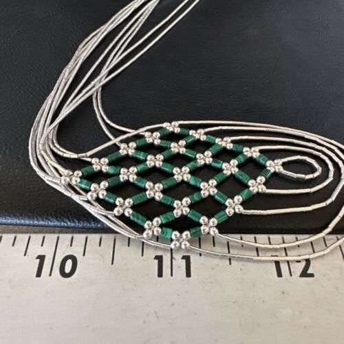 Crisscross Green Malachite Heishi Necklace | 5 Strand Liquid Sterling Silver | 22" | 15884