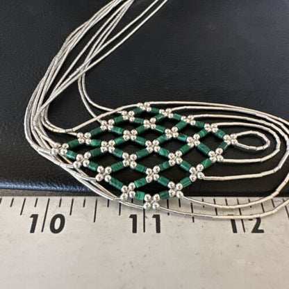 Crisscross Green Malachite Heishi Necklace | 5 Strand Liquid Sterling Silver | 22" | 15884