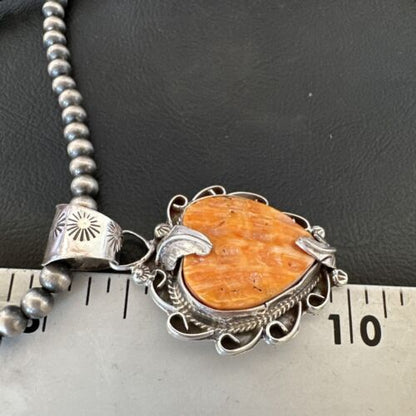 Navajo Orange Spiny Oyster Heart Pendant Necklace | Sterling Silver | Authentic Native American Handmade | 16297