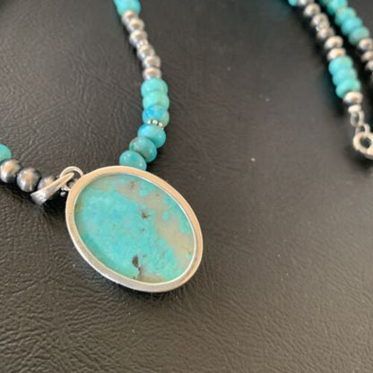 Navajo Pearls Necklace with Blue Kingman Turquoise Pendant | Sterling Silver | 11863