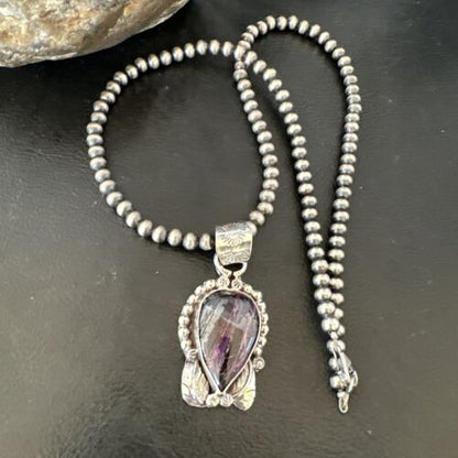 Navajo Pearls Purple Sugilite Pendant Necklace | Sterling Silver Beads | Authentic Native American Handmade | 16462