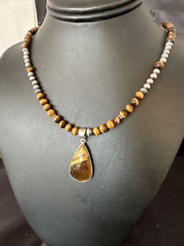 Southwestern Coffee Brown Tiger's Eye Pendant Necklace | Sterling Silver | 15863