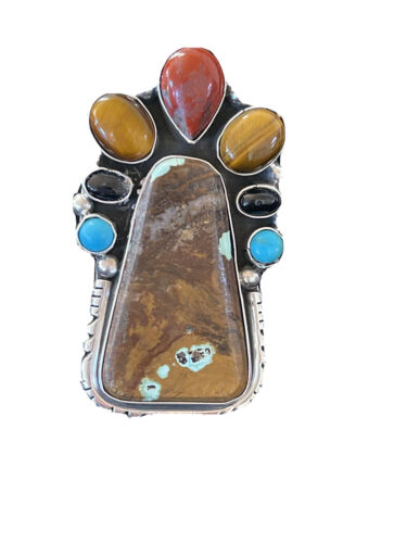 Navajo Sterling Silver Pendant | Turquoise #8, Onyx, Tigers Eye | Authentic Native American Handmade | 16835