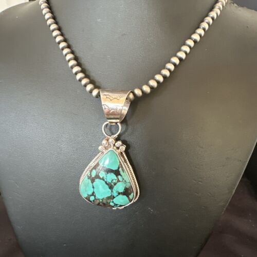 Men's Spiderweb Turquoise Pendant | Navajo Pearls Sterling Silver Necklace | Authentic Native American Handmade | 17068