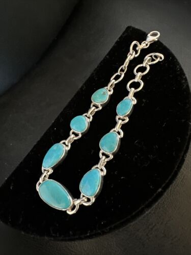 Navajo Blue Turquoise Link Bracelet | Sterling Silver | 8" | Authentic Native American Handmade | 15476 - Masha USA