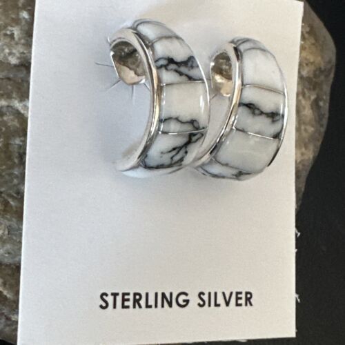 Navajo White Buffalo Turquoise Inlay Earrings | Sterling Silver | 0.5" | 16742