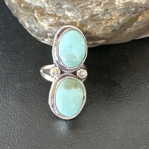 Navajo Blue Dry Creek Turquoise 2 Stone Ring | Authentic Native American Sterling Silver | Multi-Stone | Sz 9 | 16736