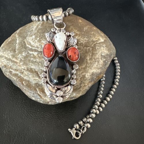 Navajo White Buffalo Coral Onyx Pearls Cluster Pendant | Sterling Silver | Native American Handmade | 15368