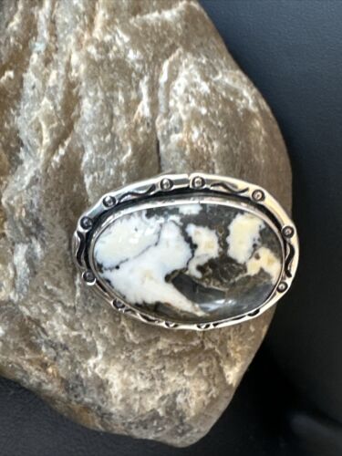 White Buffalo Turquoise Navajo Ring | Sterling Silver | Sz 9 | Authentic Native American Handmade | 16388