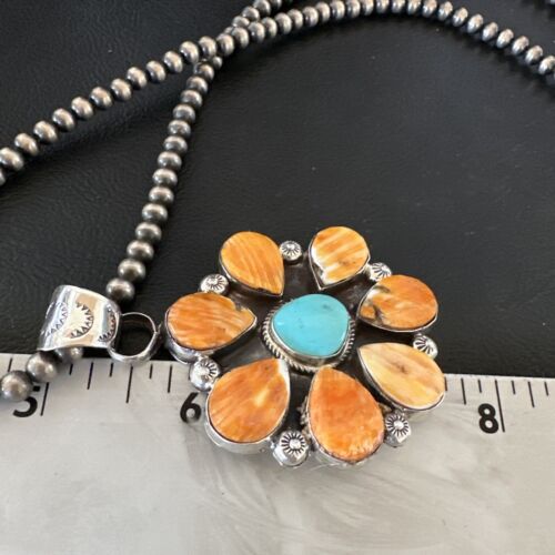 Navajo Blue Turquoise | Spiny Oyster Pendant Necklace | Sterling Silver | Multi-Stone | 16862