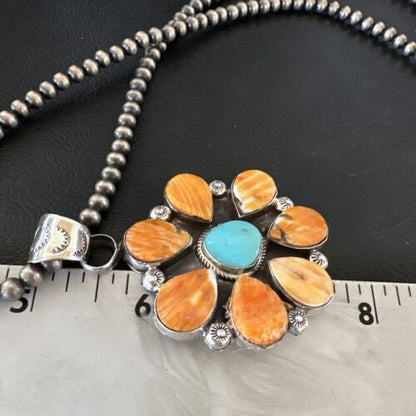 Navajo Blue Turquoise | Spiny Oyster Pendant Necklace | Sterling Silver | Multi-Stone | 16862