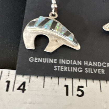 Navajo Onyx White Opal Inlay Dangle Earrings | Sterling Silver | Authentic Native American Handmade | 15352