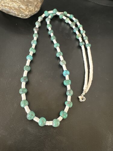 Men's Santo Domingo Blue Turquoise White Shell Necklace | 32" | Round Bead | 16004