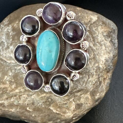 Navajo Cluster Blue Kingman Turquoise Sugilite Ring | Authentic Native American Sterling Silver | Multi-Stone | Sz 8 | 16774