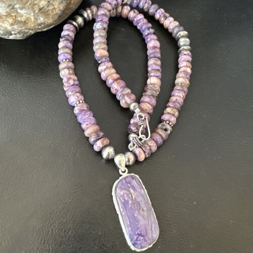 Navajo Purple Charoite Pendant with Pearls | Sterling Silver Necklace | Authentic Native American Handmade | 16338