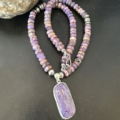 Navajo Purple Charoite Pendant with Pearls | Sterling Silver Necklace | Authentic Native American Handmade | 16338