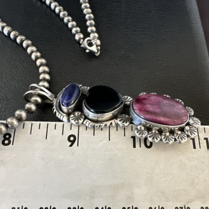 Navajo Black Onyx Purple Spiny 3-Stone Cluster Pendant | Sterling Silver | Authentic Native American Handmade | 17635
