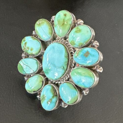 Navajo Green Sonoran Gold Turquoise Cluster Ring | Authentic Native American Sterling Silver | Multi- Stone| Sz 11 | 16033