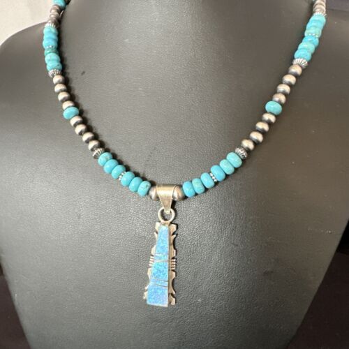 Navajo Men's Blue Turquoise Opal Pendant Necklace | Sterling Silver | 16039