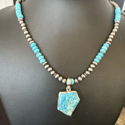 Men's Kingman Turquoise Pendant | Navajo Pearls Sterling Silver Necklace | Authentic Native American Handmade | 17212