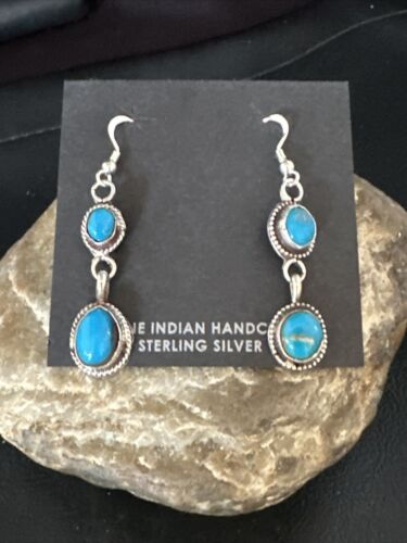 Kingman Turquoise Dangle Earrings | Navajo Sterling Silver | Authentic Native American Handmade | 14870