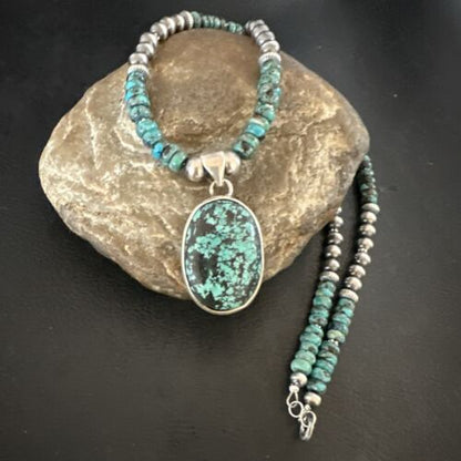 Men's Blue Spiderweb Turquoise Pendant Necklace | Navajo Sterling Silver | Authentic Native American Handmade | 17083