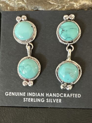 Navajo Blue Green Turquoise Dangle Earrings | Sterling Silver | 1.5" | Authentic Native American Handmade | 17388