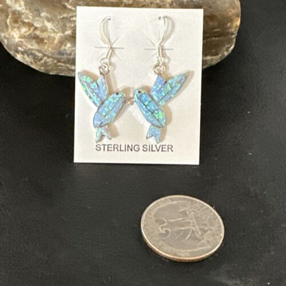 Navajo Blue Opal Hummingbird Earrings | Sterling Silver | 1" | Authentic Native American Handmade | 15088