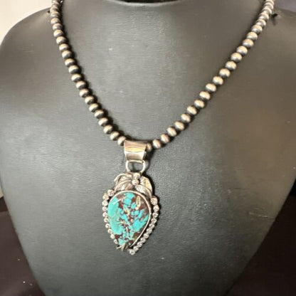Navajo Blue Turquoise Pendant Necklace | Sterling Silver Pearls | Authentic Native American Handmade | 15642
