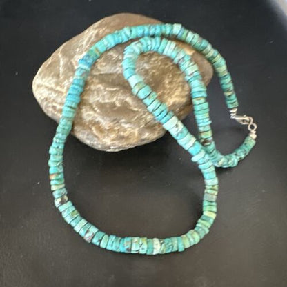 Navajo Blue Turquoise Heishi Bead Necklace | Sterling Silver | 20" | Authentic Native American Handmade | 15165