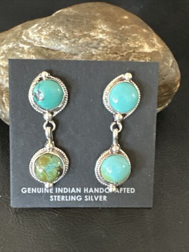 Navajo Blue Green Turquoise Dangle Earrings | Sterling Silver | 1.5" | Authentic Native American Handmade | 17387