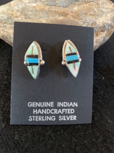 Navajo Turquoise White Opal Onyx Inlay Earrings | Sterling Silver | Authentic Native American Handmade | 13050