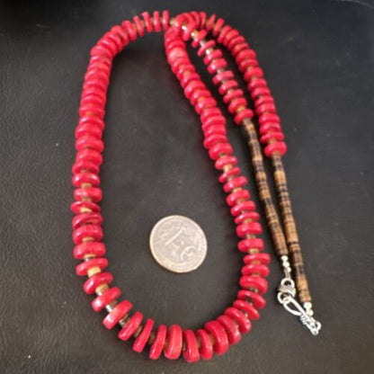 Navajo Red Coral Shell Bead Necklace | Sterling Silver | 30" | Authentic Native American Handmade | 15284