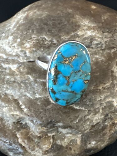 Navajo Blue Mojave Turquoise Ring | Sterling Silver | Adjustable Sz 8 | Authentic Native American Handmade | 15712