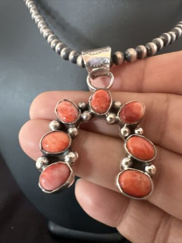 Navajo Red Spiny Oyster Naja Pendant Necklace | Sterling Silver | 20" | Authentic Native American Handmade | 15760