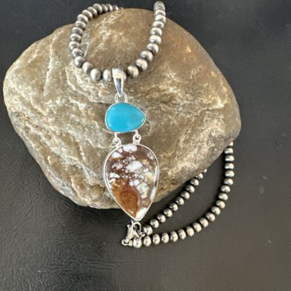 Navajo Wild Horse Blue Kingman Turquoise Necklace | Sterling Silver | Multi-Stone Pendant | 17315