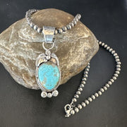 Navajo Blue Turquoise #8 Pendant | Sterling Silver Necklace with Pearls | Authentic Native American Handmade | 15444