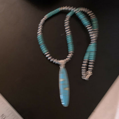 Navajo Blue Turquoise Opal Inlay Pendant Necklace | Sterling Silver | Authentic Native American Handmade | 11473