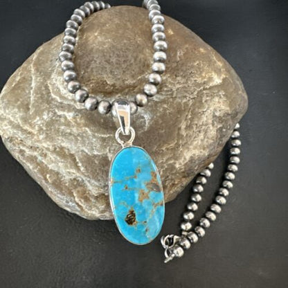 Navajo Blue Kingman Turquoise Pendant with Pearls | Sterling Silver Necklace | 20" | 16994