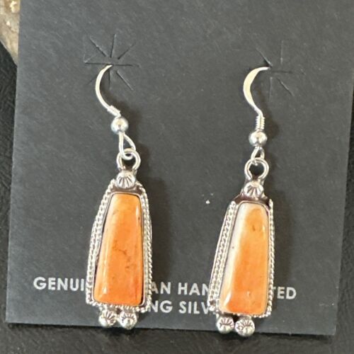 Navajo Orange Spiny Oyster Dangle Earrings | Sterling Silver | Authentic Native American Handmade | 17272