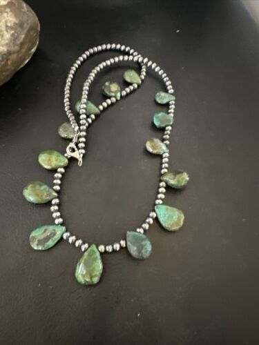 Navajo Pearls Green Teardrop Turquoise Necklace | Sterling Silver | 22" | Authentic Native American Handmade | 16957