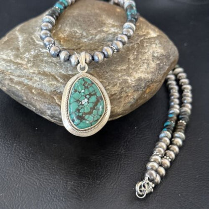 Men's Navajo Blue Spiderweb Turquoise Pendant Necklace | Sterling Silver | Native American Handmade | 16240