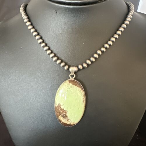 Navajo Green Gaspeite Pendant Necklace | Sterling Silver | Authentic Native American Handmade | 15486