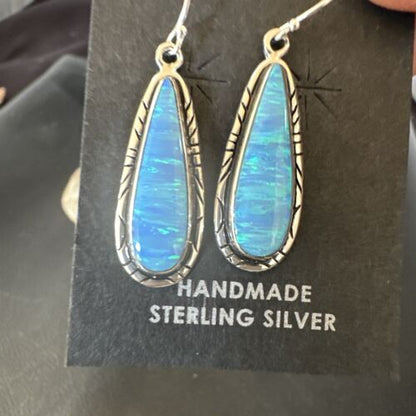 New Blue Opal Inlay Dangle Earrings | Sterling Silver | Authentic Native American Handmade | 16548