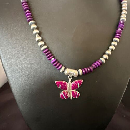 Navajo Butterfly Purple Sugilite Pendant Necklace | Sterling Silver Inlay | Authentic Native American Handmade | 16761