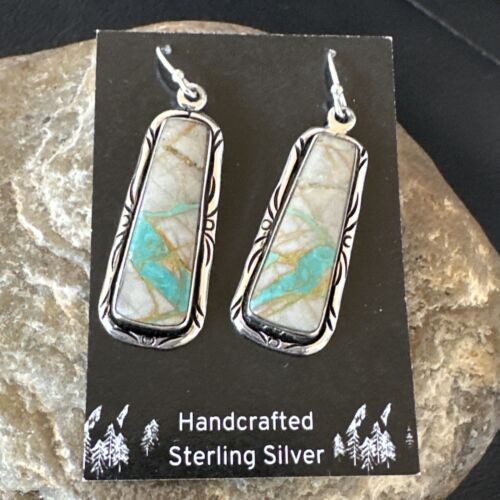 Navajo Blue Boulder Turquoise Dangle Earrings | Sterling Silver | Authentic Native American Handmade | 16496