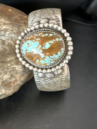 Navajo Men's Blue #8 Turquoise Cuff Bracelet | Sterling Silver | Authentic Native American Handmade | 15856