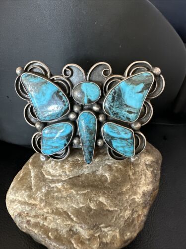 Navajo Butterfly Blue Turquoise Cuff Bracelet | Sterling Silver | Authentic Native American Handmade