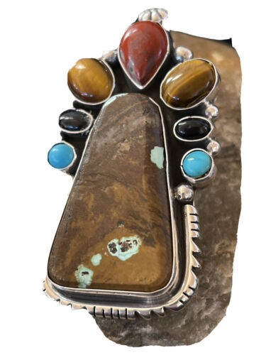 Navajo Sterling Silver Pendant | Turquoise #8, Onyx, Tigers Eye | Authentic Native American Handmade | 16835