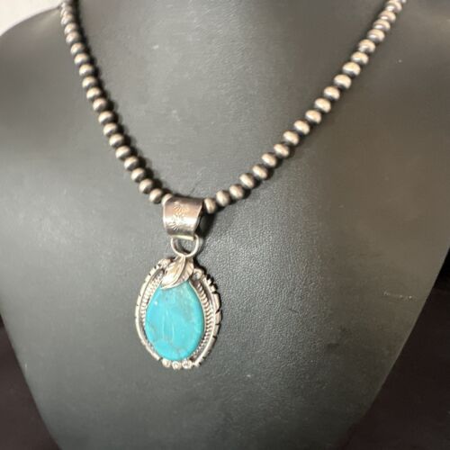 Men's Blue Kingman Turquoise Pendant Necklace | Navajo Pearls | Sterling Silver | 16019